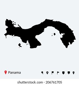 High detailed vector map of Panama with navigation pins.