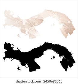 Mapa de Vector detallado. Panamá. Juego de dos cartas. Estilo acuarela. Color beige marrón. Tarjeta negra.