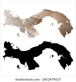 Mapa de Vector detallado. Panamá. Juego de dos cartas. Estilo acuarela. Color marrón. Tarjeta negra.
