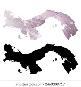 High detailed vector map. Panama. Set of two cards. Watercolor style. Purple color. Black card.