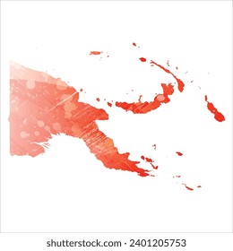 High detailed vector map. Papua New Guinea. Watercolor style. Scarlet bright red color.