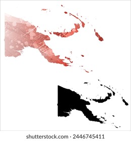 High detailed vector map. Papua New Guinea. Set of two cards. Watercolor style. Red color. Black card.
