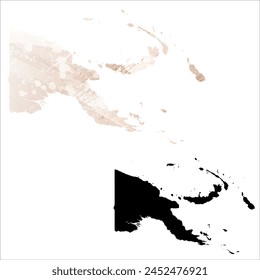 Mapa de Vector detallado. Papúa Nueva Guinea. Juego de dos cartas. Estilo acuarela. Color beige marrón. Tarjeta negra.