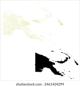 Mapa de Vector detallado. Papúa Nueva Guinea. Juego de dos cartas. Estilo acuarela. Color limón amarillo. Tarjeta negra.