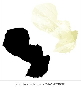 High detailed vector map. Paraguay. Set of two cards. Watercolor style. Yellow lemon color. Black card.