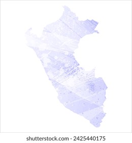 High detailed vector map. Peru. Watercolor style. Periwinkle color. Delicate lilac color. Pastel purple.