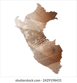High detailed vector map. Peru. Watercolor Style. Beige and brown color.