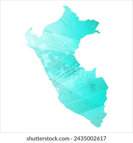High detailed vector map. Peru. Watercolor style. Turquoise color. Bright blue color.