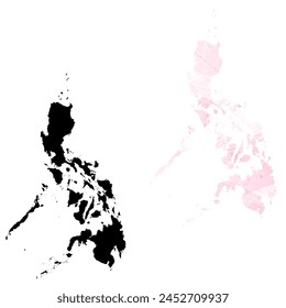 Mapa de Vector detallado. Filipinas. Juego de dos cartas. Estilo acuarela. Color rosa. Tarjeta negra.