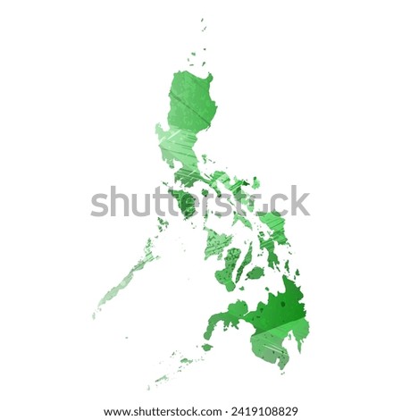 High detailed vector map. Philippines. Watercolor style. Green color. Salacious emerald color.