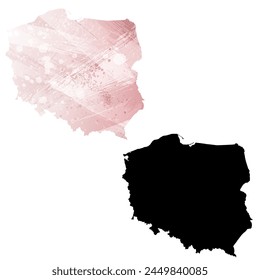 High detailed vector map. Poland. Set of two cards. Watercolor style. Pink color. Black card.