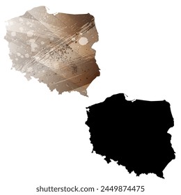 High detailed vector map. Poland. Set of two cards. Watercolor style. Brown color. Black card.