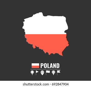 High detailed vector map of Poland. Name country, flag and pointer set. Flat vector illustration.