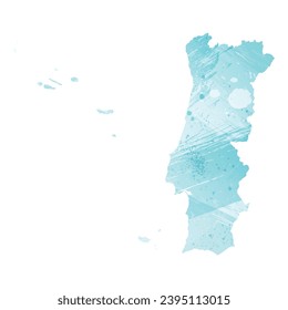 Mapa vectorial detallado alto. Portugal. Estilo acuarela. Color azul acuamarino.