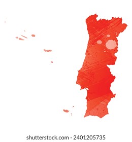 Mapa vectorial detallado alto. Portugal. Estilo acuarela. Color rojo brillante escarlata.