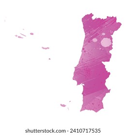 High detailed vector map. Portugal. Watercolor style. Amaranth light cherry pink color.