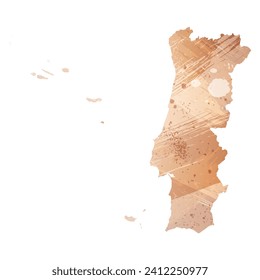 Mapa vectorial detallado alto. Portugal. Estilo acuarela. Brass antiguo. Marrón claro. Color dorado.
