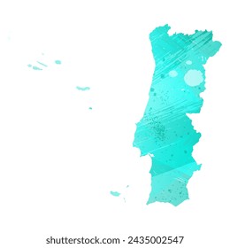 High detailed vector map. Portugal. Watercolor style. Turquoise color. Bright blue color.