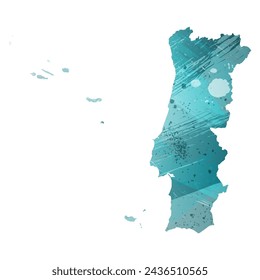 High detailed vector map. Portugal. Watercolor style. Turquoise blue color. Blue is a deep color.