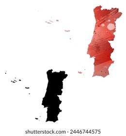 High detailed vector map. Portugal. Set of two cards. Watercolor style. Red color. Black card.