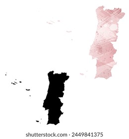 High detailed vector map. Portugal. Set of two cards. Watercolor style. Pink color. Black card.