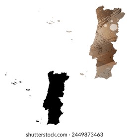 High detailed vector map. Portugal. Set of two cards. Watercolor style. Brown color. Black card.