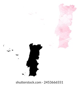 High detailed vector map. Portugal. Set of two cards. Watercolor style. Pink color. Black card.