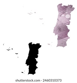 High detailed vector map. Portugal. Set of two cards. Watercolor style. Purple color. Black card.