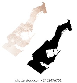 High detailed vector map. Principality of Monaco. Set of two cards. Watercolor style. Brown beige color. Black card.