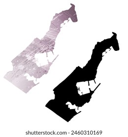 High detailed vector map. Principality of Monaco. Set of two cards. Watercolor style. Purple color. Black card.