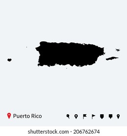 High detailed vector map of Puerto Rico with navigation pins.