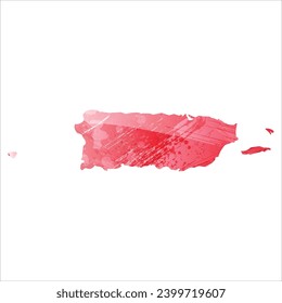 High detailed vector map. Puerto Rico. Watercolor Style. Alizarin red color.
