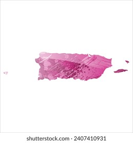 High detailed vector map. Puerto Rico. Watercolor style. Amaranth deep purple color.