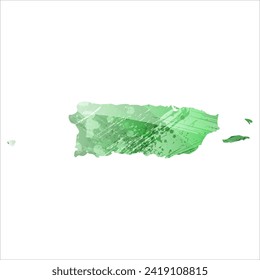 High detailed vector map. Puerto Rico. Watercolor style. Green color. Salacious emerald color.