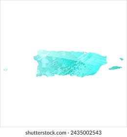 High detailed vector map. Puerto Rico. Watercolor style. Turquoise color. Bright blue color.