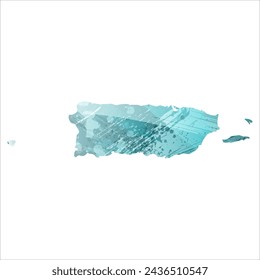High detailed vector map. Puerto Rico. Watercolor style. Turquoise blue color. Blue is a deep color.