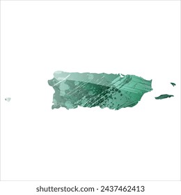 High detailed vector map. Puerto Rico. Watercolor style. Turquoise green color.