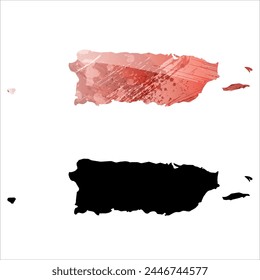 High detailed vector map. Puerto Rico. Set of two cards. Watercolor style. Red color. Black card.