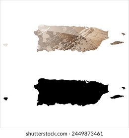 High detailed vector map. Puerto Rico. Set of two cards. Watercolor style. Brown color. Black card.