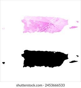 High detailed vector map. Puerto Rico. Set of two cards. Watercolor style. Pink color. Black card.