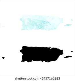 High detailed vector map. Puerto Rico. Set of two maps. Watercolor style. Blue color. Black map.