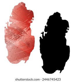 Mapa de Vector detallado. Qatar. Juego de dos cartas. Estilo acuarela. Color rojo. Tarjeta negra.