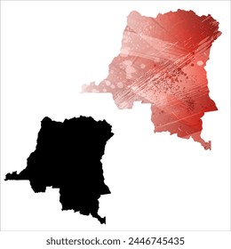 High detailed vector map. Republic of the Congo. Set of two cards. Watercolor style. Red color. Black card.