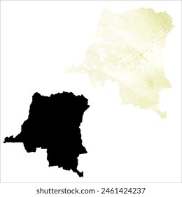 Mapa de Vector detallado. República del Congo. Juego de dos cartas. Estilo acuarela. Color limón amarillo. Tarjeta negra.