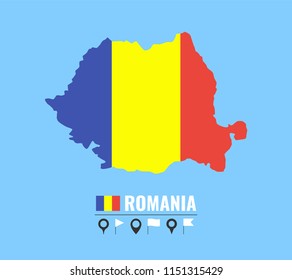 High detailed vector map of Romania. Name country, flag and pointer set. Flat vector illustration.