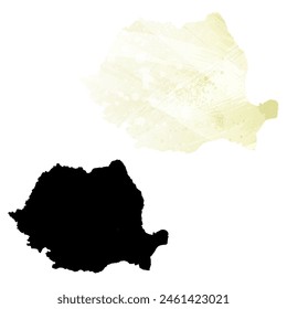 Detaillierte Karte der Vektorgrafik. Rumänien. Satz von zwei Karten. Aquarellstil. Gelbe Zitronenfarbe. Schwarze Karte.