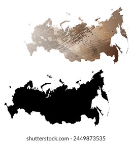 High detailed vector map. Russia. Set of two cards. Watercolor style. Brown color. Black card.