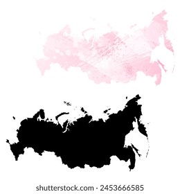 High detailed vector map. Russia. Set of two cards. Watercolor style. Pink color. Black card.