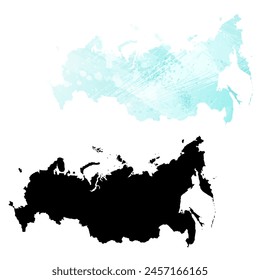 High detailed vector map. Russia. Set of two maps. Watercolor style. Blue color. Black map.