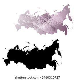High detailed vector map. Russia. Set of two cards. Watercolor style. Purple color. Black card.